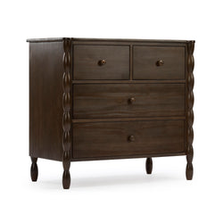 Dark brown wooden dresser, 4-drawer chest with turned legs and spindle side detailing in espresso finish — farmhouse-style bedroom storage piece