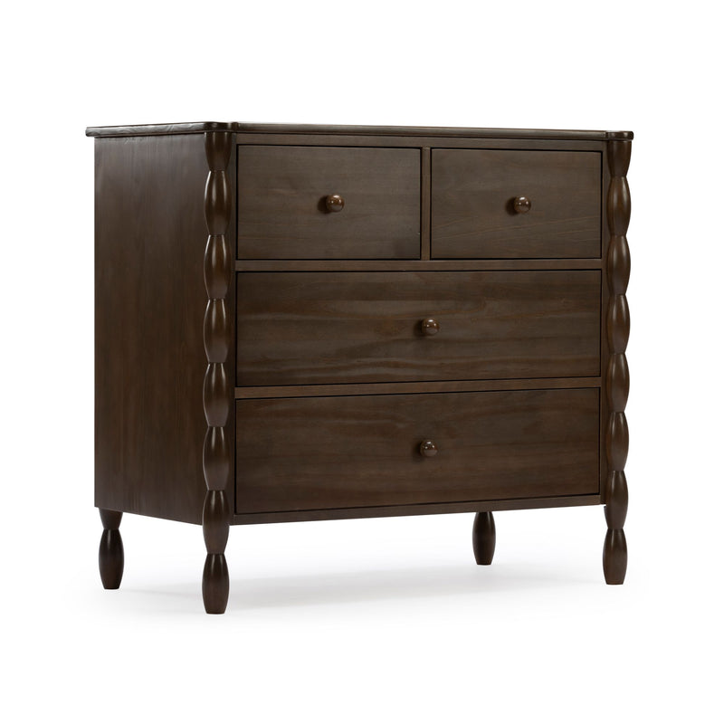 Dark brown wooden dresser, 4-drawer chest with turned legs and spindle side detailing in espresso finish — farmhouse-style bedroom storage piece