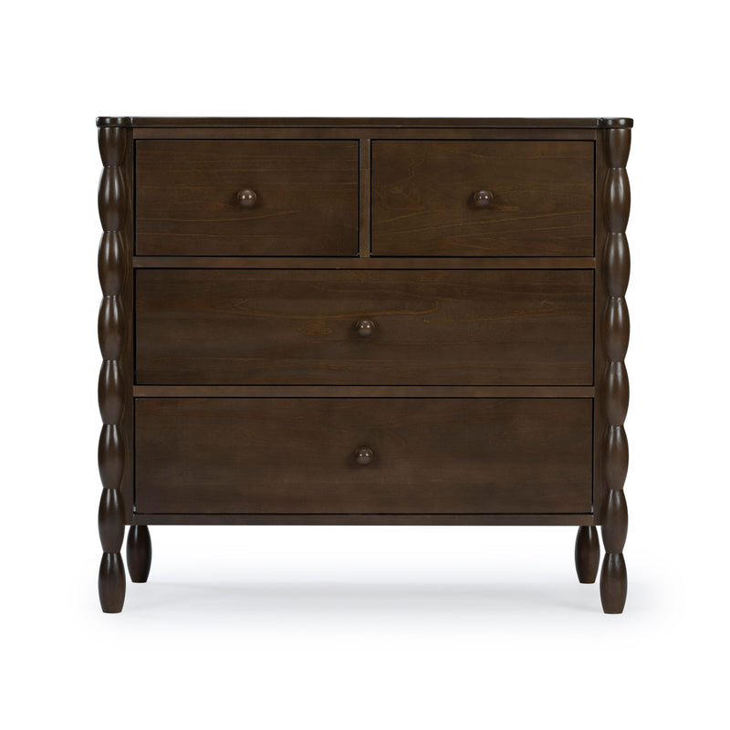 Espresso wooden 4-drawer dresser with turned spindle legs and round knobs, classic chest of drawers for bedroom or nursery