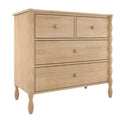 Light natural wood bedroom dresser chest of drawers with round knob handles, turned legs and carved side detailing for stylish storage