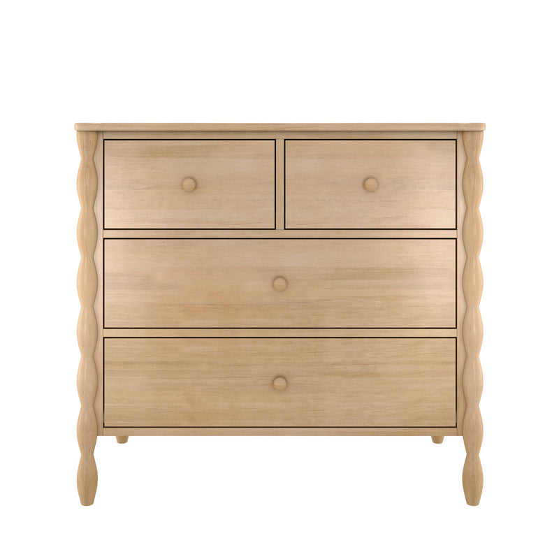 Light natural oak 4-drawer dresser with round knobs and turned spindle legs, rustic bedroom storage chest