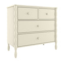 Cream wooden dresser with turned spindle legs and round knob handles, two small top drawers and two larger lower drawers in a neutral beige finish for bedroom storage