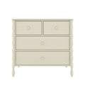 Cream wooden 4-drawer dresser with turned legs and round knobs, two small top drawers and two large lower drawers for bedroom storage