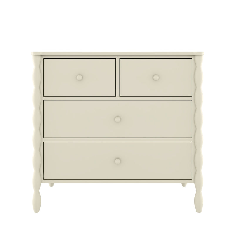 Cream wooden 4-drawer dresser with turned legs and round knobs, two small top drawers and two large lower drawers for bedroom storage