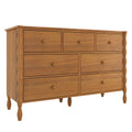 Mid-century modern 7-drawer wooden dresser in warm oak finish with scalloped side trim and tapered legs, ideal bedroom storage