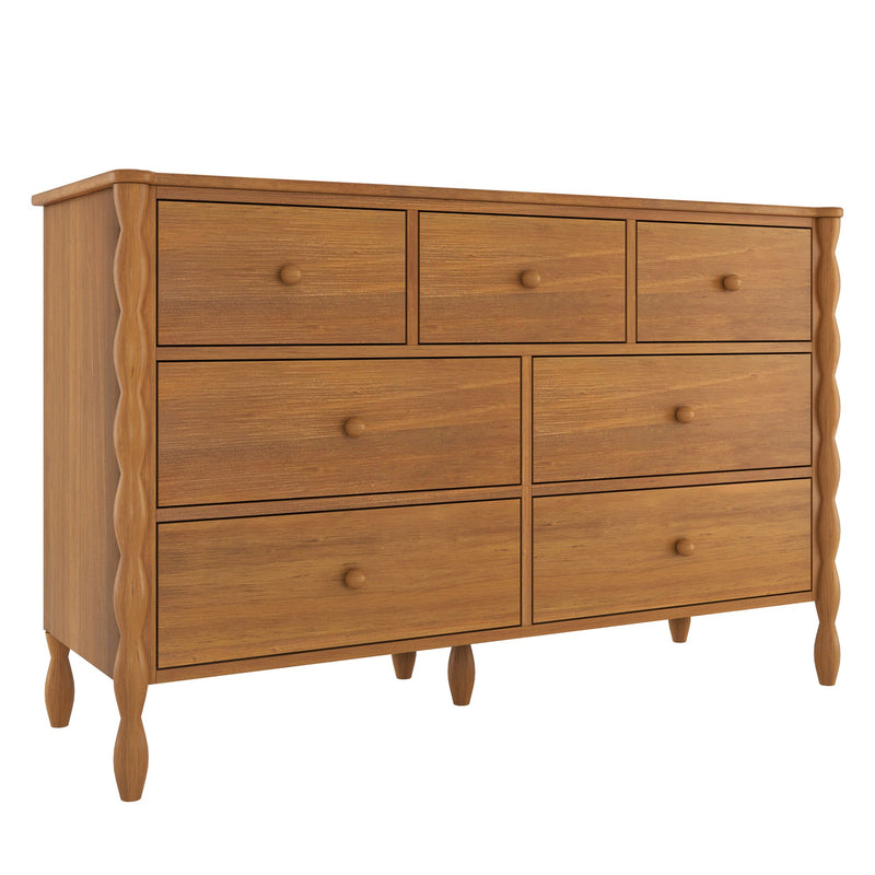 Mid-century modern 7-drawer wooden dresser in warm oak finish with scalloped side trim and tapered legs, ideal bedroom storage