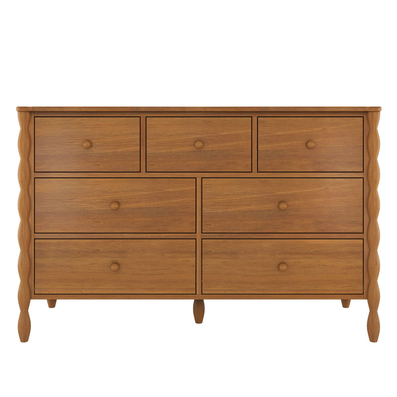 Mid-century modern walnut-finish wooden dresser with twisted carved legs and multiple spacious drawers for bedroom storage