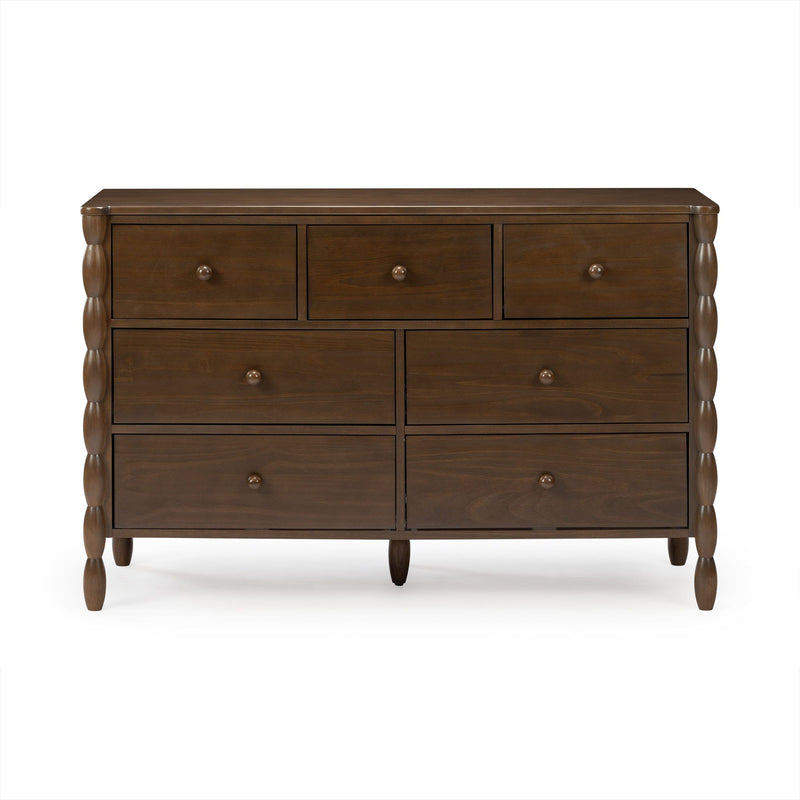 Brown solid wood 7-drawer dresser with turned spindle legs and round wooden knobs, farmhouse bedroom storage chest