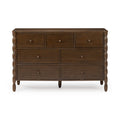 Brown solid wood 7-drawer dresser with turned spindle legs and round wooden knobs, farmhouse bedroom storage chest