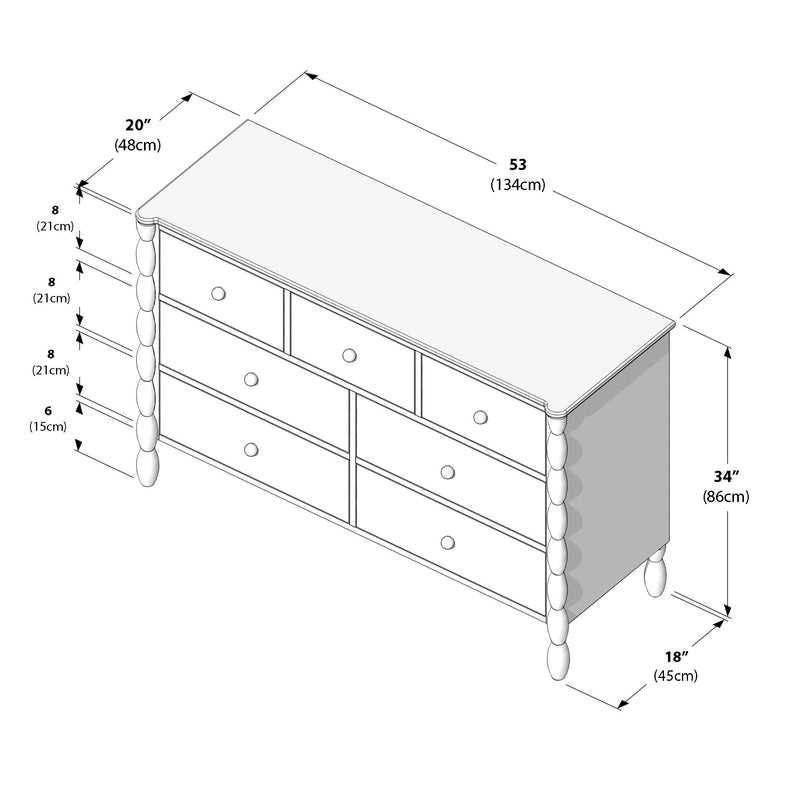 Isometric line drawing of a six-drawer wooden dresser with turned legs and bobbin-spindle sides, overall 53" (134 cm) W x 20" (48 cm) D x 34" (86 cm) H, cabinet depth 18" (45 cm), drawer heights 8" (21 cm) and 6" (15 cm)