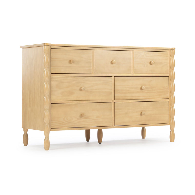 Light natural wood 7-drawer dresser with turned legs and carved side posts, ideal bedroom storage chest