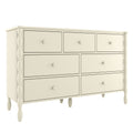 Cream wooden 7-drawer dresser with turned legs and round knobs, farmhouse bedroom storage chest, vintage shabby-chic furniture