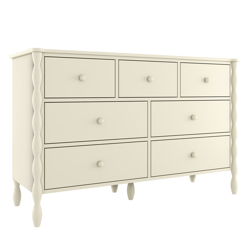 Cream wooden 7-drawer dresser with turned legs and round knobs, farmhouse bedroom storage chest, vintage shabby-chic furniture