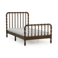 Dark walnut turned-spindle wooden bed frame with matching spindle headboard and footboard and white mattress, vintage-inspired design