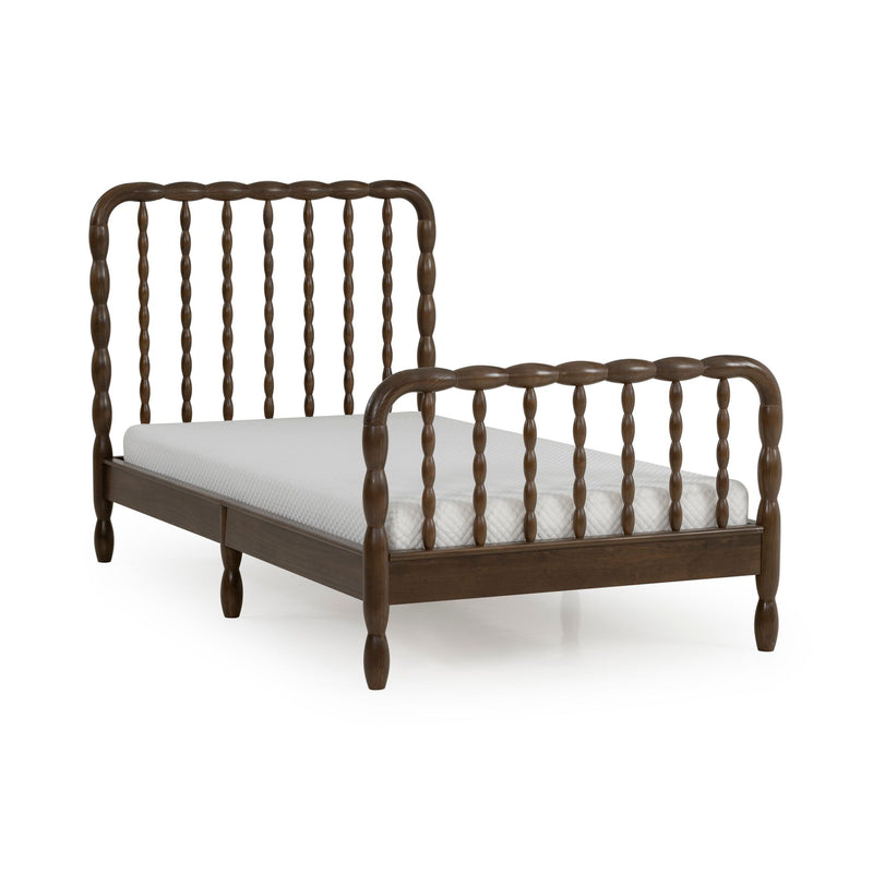 Dark walnut turned-spindle wooden bed frame with matching spindle headboard and footboard and white mattress, vintage-inspired design
