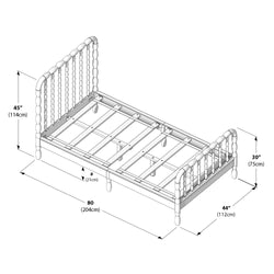 Isometric assembly diagram of a wooden spindle bed frame with slatted support and center legs, dimensions 80" x 44" (204 x 112 cm), 45" (114 cm) headboard height, 30" (75 cm) footboard height and 8" (21 cm) slat clearance