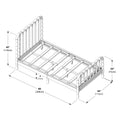 Isometric assembly diagram of a wooden spindle bed frame with turned spindle headboard and footboard, slatted platform with center support legs — product dimensions 80 in (204 cm) L × 44 in (112 cm) W; headboard 45 in (114 cm) H, footboard 30 in (75 cm), slat spacing 8 in (21 cm).