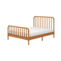 Natural oak spindle bed frame with matching headboard and footboard and white mattress, farmhouse mid-century platform bedroom furniture