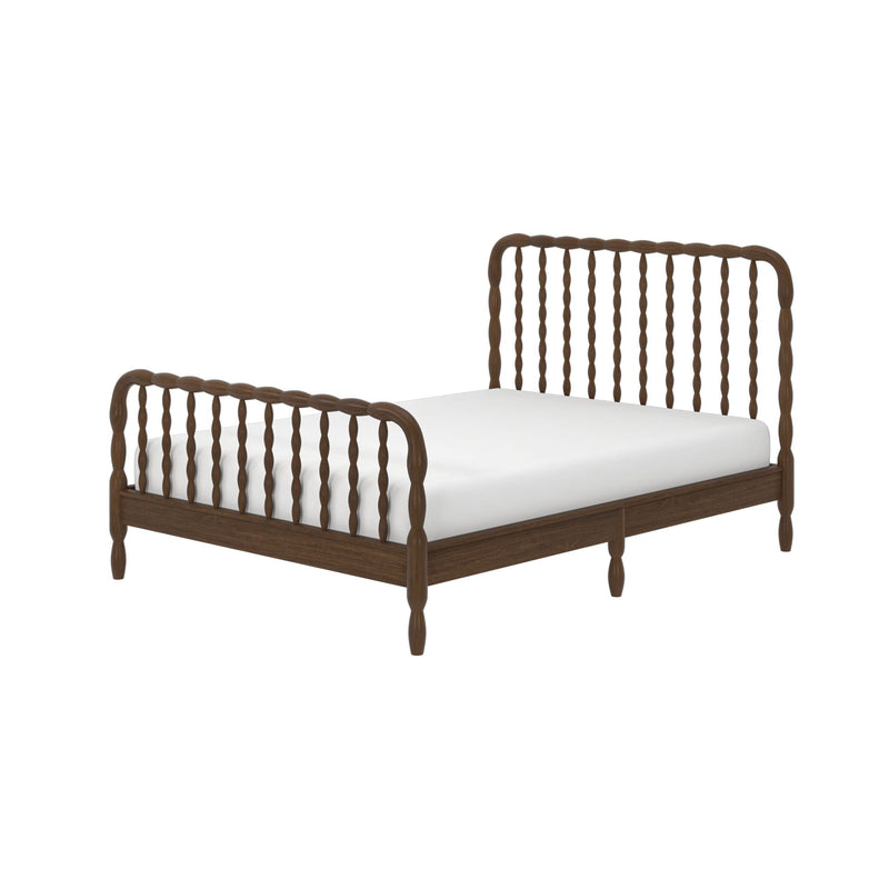 Walnut wooden spindle bed frame with turned spindles and white mattress on a low platform, modern farmhouse bedroom furniture
