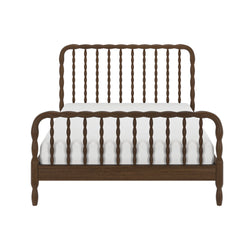 Brown wooden spindle bed frame with turned spindles headboard and footboard, white mattress, farmhouse-style solid wood platform bed