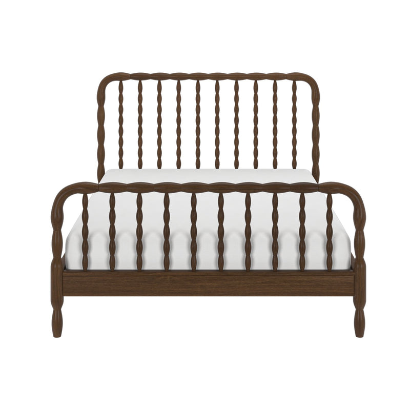 Brown wooden spindle bed frame with turned spindles headboard and footboard, white mattress, farmhouse-style solid wood platform bed