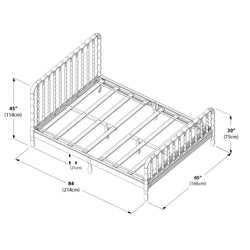 Product dimensions diagram of a spindle platform bed frame with slatted base, showing 84" (214 cm) length x 65" (166 cm) width, 45" (114 cm) headboard height, 30" (75 cm) footboard height and 8" (21 cm) clearance.