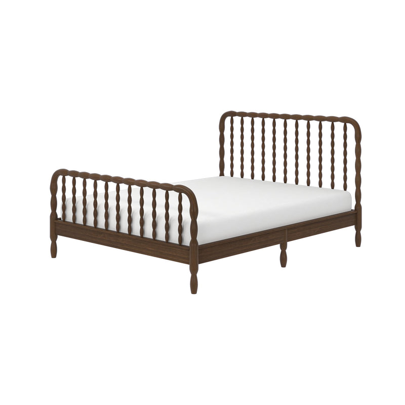 Walnut wooden spindle bed frame with turned spindle headboard and footboard, low-profile platform bed with white mattress