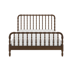 Dark walnut spindle wooden bed frame with turned posts and white mattress, farmhouse-style bedroom furniture