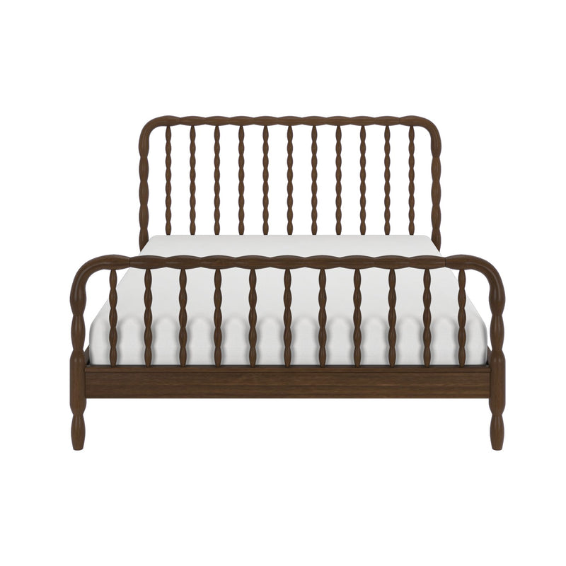 Dark walnut spindle wooden bed frame with turned posts and white mattress, farmhouse-style bedroom furniture
