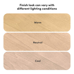 Light wood finish comparison showing how different lighting conditions affect color with warm, neutral, and cool wood grain tones