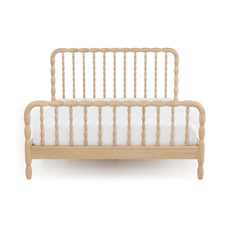 Natural wood spindle bed frame with turned bead spindles and curved headboard in light oak finish