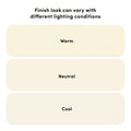 Infographic of three rounded paint finish swatches labeled "Warm," "Neutral," and "Cool" under the heading "Finish look can vary with different lighting conditions," illustrating how lighting affects paint color appearance for interior design and paint selection.