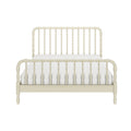 Cream ivory wooden spindle bed frame, farmhouse-style turned spindles and rails, front view with white mattress on white background