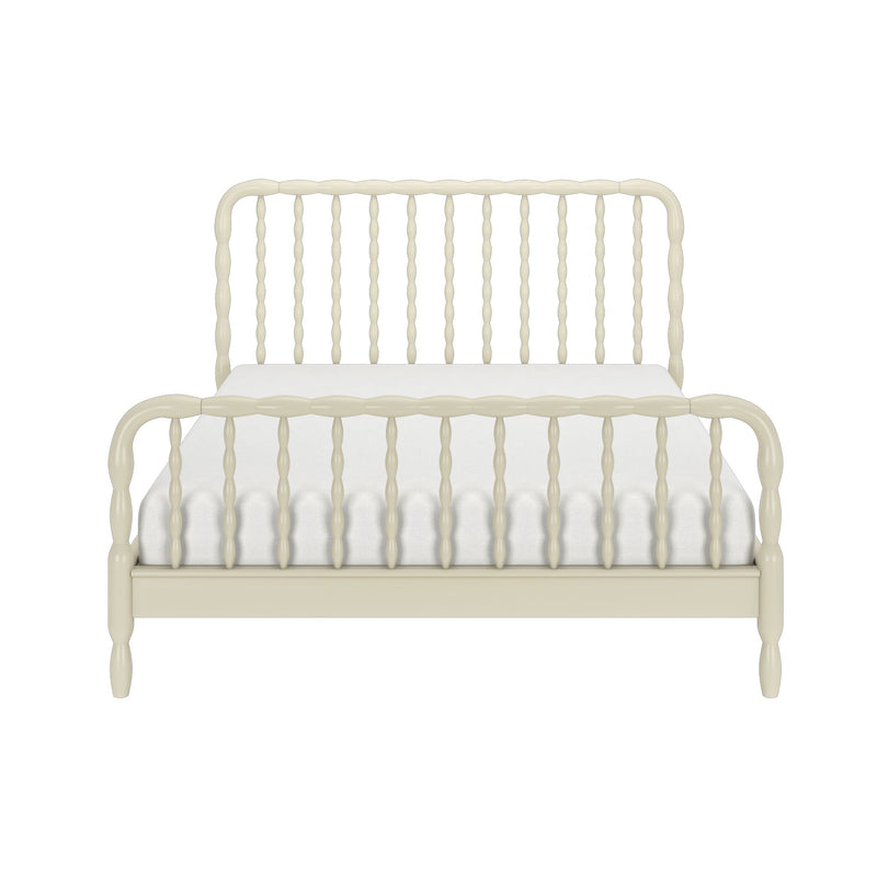 Cream ivory wooden spindle bed frame, farmhouse-style turned spindles and rails, front view with white mattress on white background