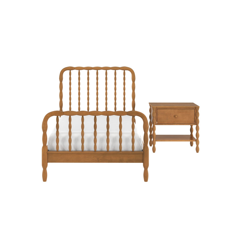Natural oak spindle bed frame with white bedding and matching wooden nightstand, classic farmhouse bedroom furniture on white background