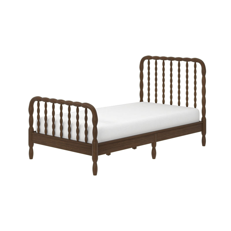 Dark brown wooden spindle twin bed frame with white mattress, turned-spindle headboard and footboard