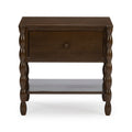 Dark brown wooden nightstand with single drawer, turned spindle legs and lower shelf, classic bedroom side table