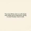 Linen White paint sample on a soft beige background with bold black text describing warm undertones and a kid-friendly, lived-in look.