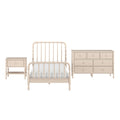 Cream spindle bed with matching beige wooden dresser and nightstand on white background, classic farmhouse bedroom furniture set