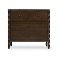 Dark brown wooden dresser chest of drawers with turned legs and round wood knobs, farmhouse-style bedroom storage, front view on white background