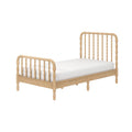 Light oak spindle twin bed frame with turned spindle headboard and footboard and white mattress, wooden single bed for nursery or child's bedroom