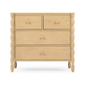 Light maple dresser with four drawers, round wooden knobs and turned spindle legs, natural finish bedroom storage chest