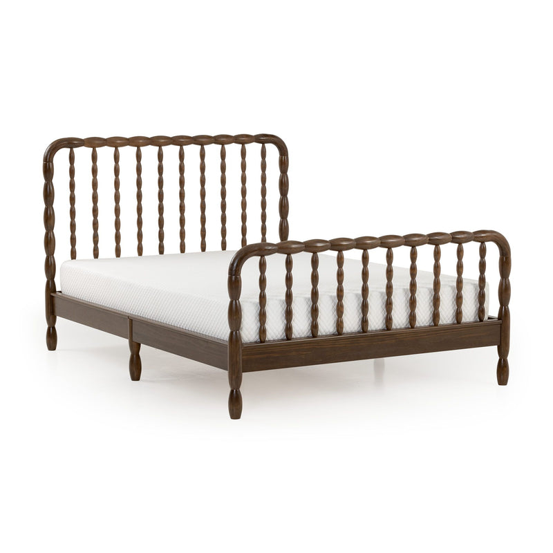 Dark brown wooden spindle bed frame with curved headboard and footboard, white mattress, classic turned-spindle design and low-profile platform base