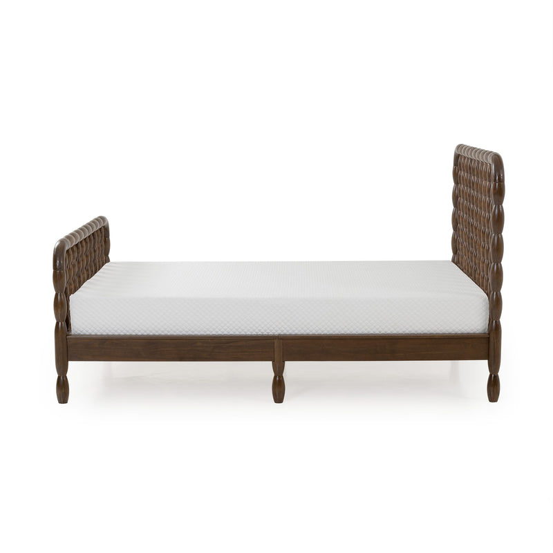 Brown tufted wooden bed frame with woven-style headboard and footboard and white mattress, modern rustic bedroom furniture