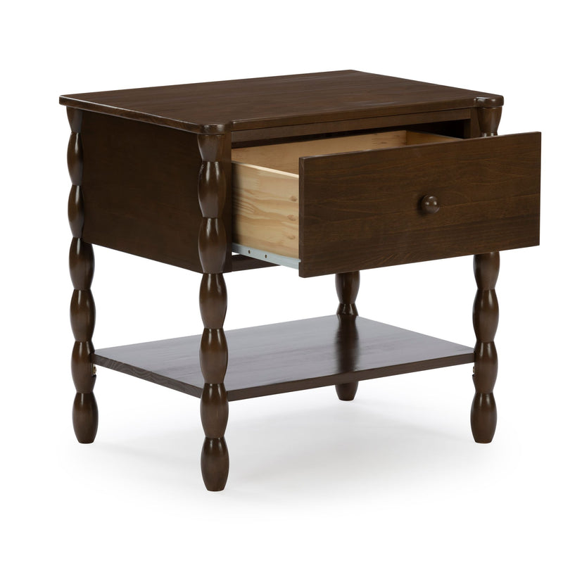 Dark brown wooden nightstand with turned spindle legs, single open drawer and lower shelf on white background