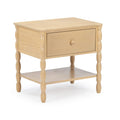Light natural wood nightstand bedside table with single drawer, turned spindle legs and lower open shelf for bedroom storage