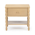 Light wood nightstand with single drawer, turned spindle legs and lower shelf in natural maple finish — wooden bedside table for bedroom storage