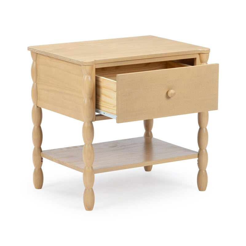 Light natural wood bedside table with single open drawer, spindle-turned legs and lower shelf, modern farmhouse nightstand