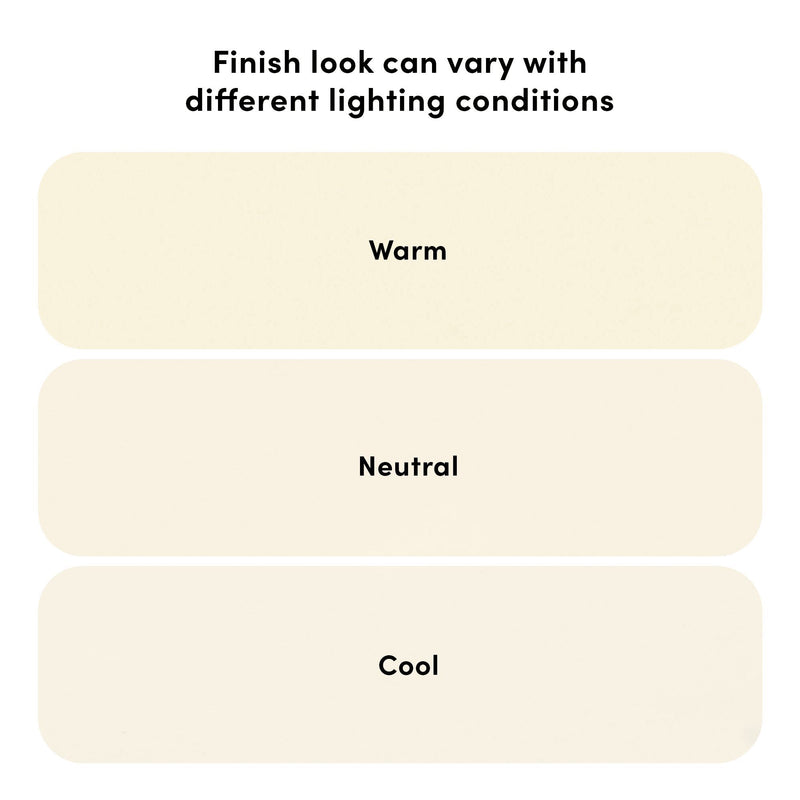 Paint finish color swatches demonstrating how a beige finish looks under different lighting conditions labeled Warm, Neutral, and Cool