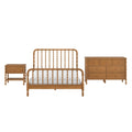 Solid wood spindle bed frame with white mattress, matching wooden nightstand and six-drawer dresser in natural oak finish — rustic farmhouse bedroom furniture set